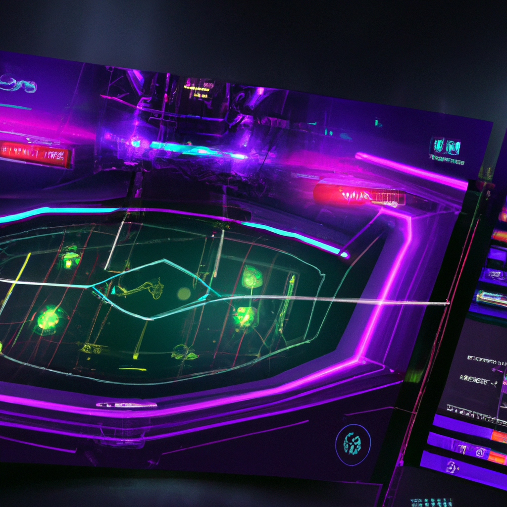 screenshot: neon arena with HUD overlays